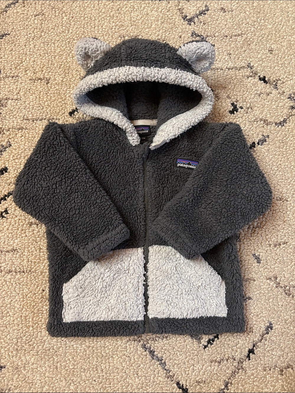 Patagonia Kids Dark Charcoal and Light Gray Sherpa Hoodie with Ears 6-12